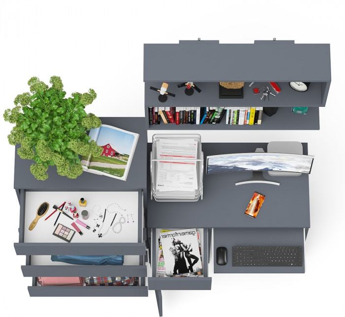 Мори Стол компьютерный МС-1 левый + Комод МК700.5 + Полка 900, цвет графит, ШхГхВ 160,4х50х209,6 см., НЕ универсальная сборка