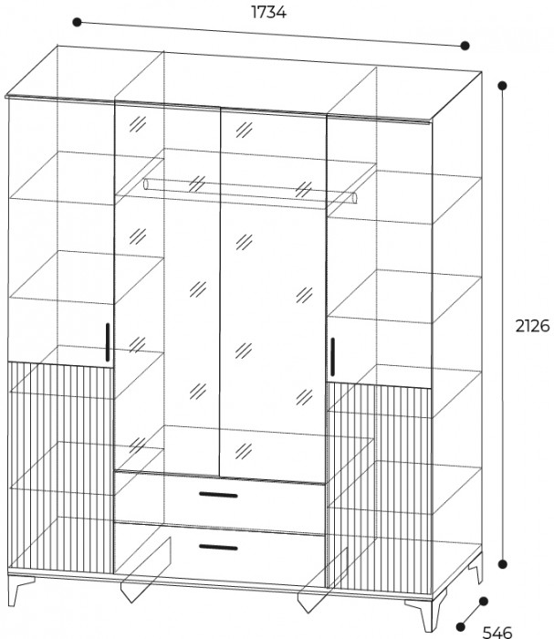 Шкаф 4-х дверный с ящиками и зеркалом Дюна