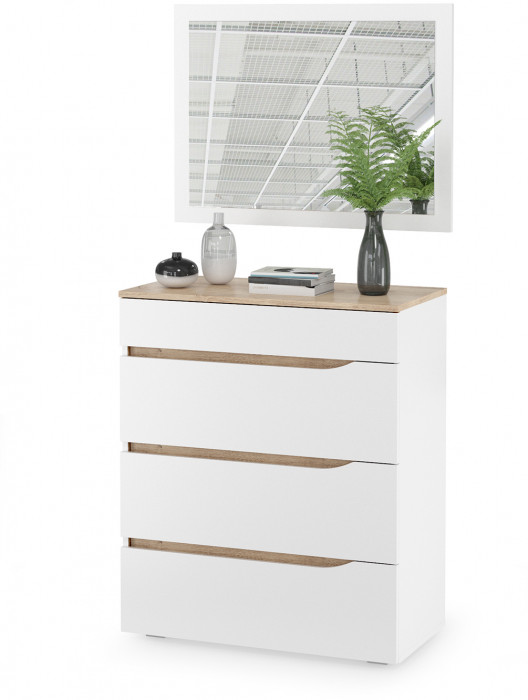 Муссон 13.97 Комод + Зеркало СВК, цвет белый/дуб эндгрейн элегантный, ШхГхВ 77х39,4х92,6 + 80х2х60 см., четыре выдвижных ящика, ручки-вырезы