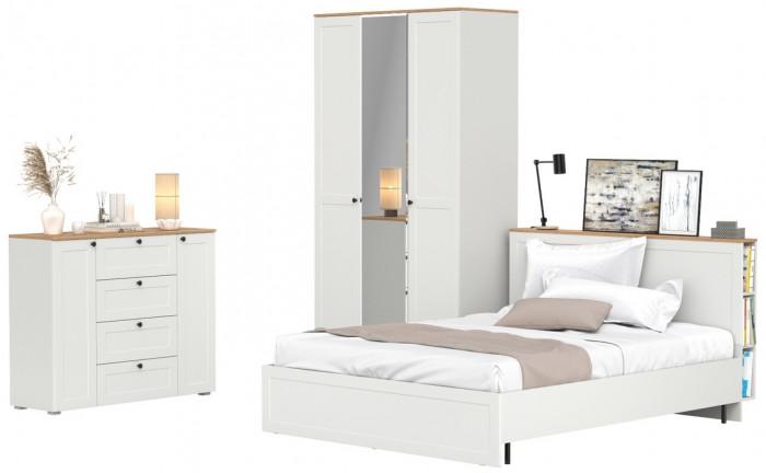 Остин 11.53 Кровать + ортопед + 13.336.03 Шкаф для одежды + 16.221 Комод, белый шагрень/дуб крафт золотой