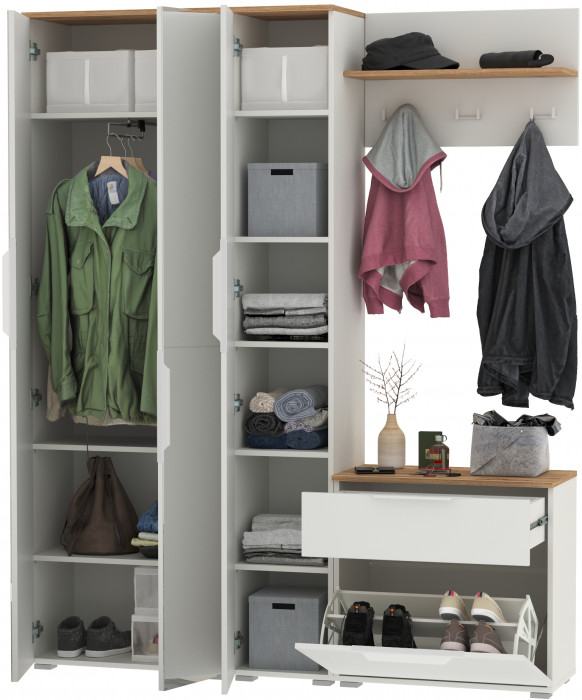 Октава Прихожая 22, цвет белый шагрень/дуб крафт золотой/фасады МДФ белый шагрень, ШхГхВ 161,5х35,4х197,6 см., универсальная сборка