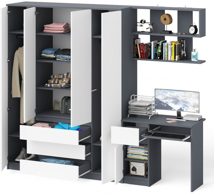 Мори Стол компьютерный МС-1 левый + Шкаф МШ1600.1 + Полка 900, цвет графит/белый, ШхГхВ 250,4х50,4х209,6 см., НЕ универсальная сборка