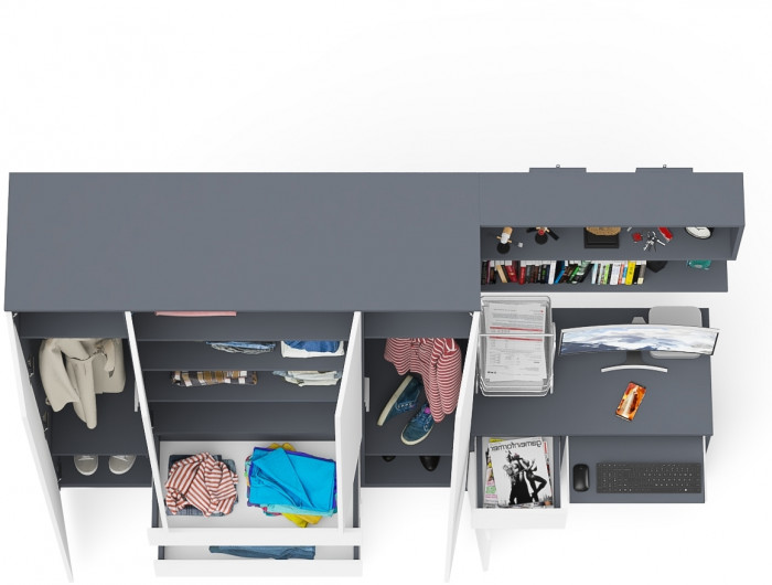 Мори Стол компьютерный МС-1 левый + Шкаф МШ1600.1 + Полка 900, цвет графит/белый, ШхГхВ 250,4х50,4х209,6 см., НЕ универсальная сборка