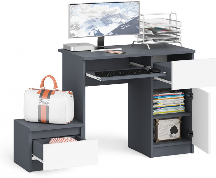 Мори Стол компьютерный МС-1 правый + Тумба ТМП400.1, цвет графит/белый, ШхГхВ 130,4х50х76,6 см., выдвижной ящик справа, НЕ универсальная сборка