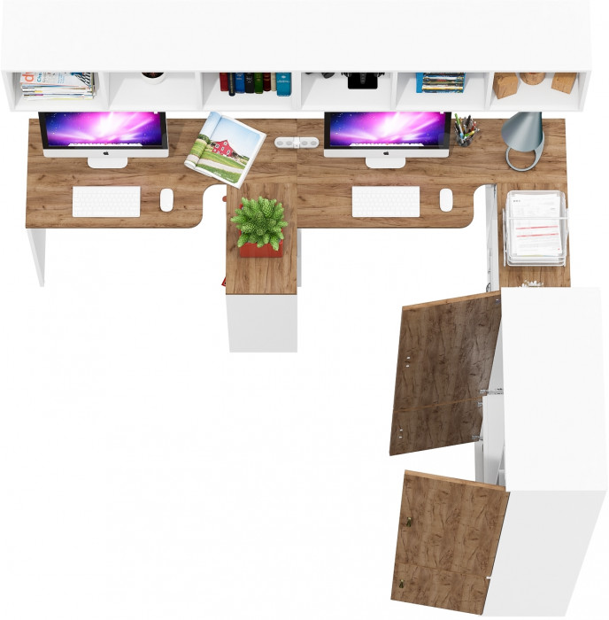 Лидер-8 Стол + Полка + Стол + Полка + Шкаф МД 20Б + Тумба МД 3.19, белый шагрень/крафт золото