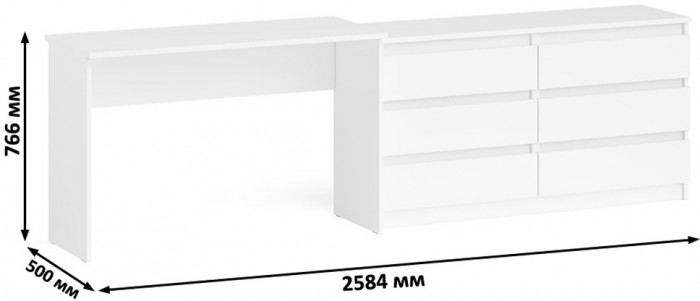 Мори Стол письменный МСП1200.1 + Комод МК1380.6, цвет белый, ШхГхВ 258,4х50х76,6 см., универсальная сборка