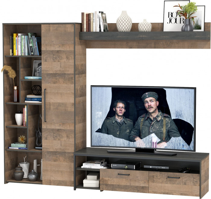 Трувор 13.70 Тумба под ТВ + 13.206 Шкаф-стеллаж + 15.60 Полка, цвет дуб гранж песочный/интра, ШхГхВ 242,8х45,4х194,2 см., универсальная сборка