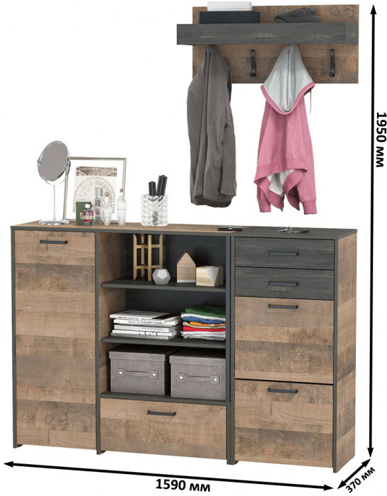 Трувор Прихожая 155, цвет дуб гранж песочный/интра, ШхГхВ 159х37х195 см., универсальная сборка