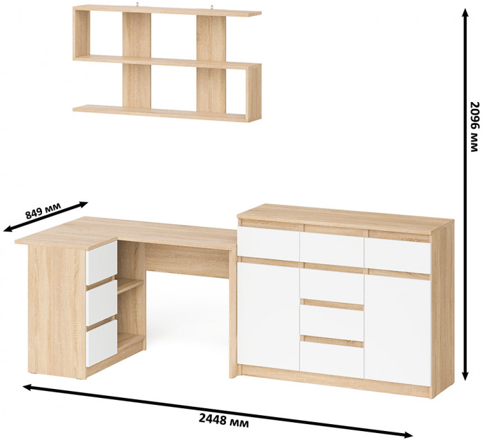 Мори компьютерный стол МС-16 левый + Комод МК1200.4 + Полка 1200, дуб сонома/белый