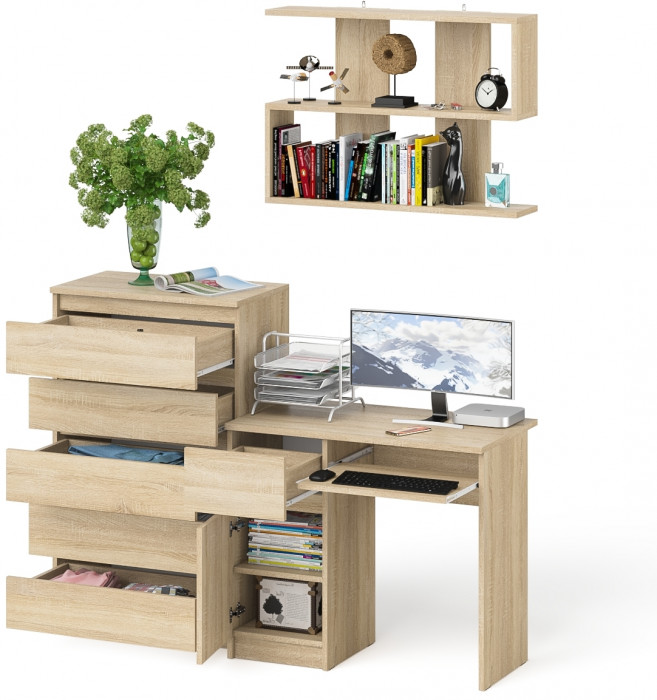 Мори Стол компьютерный МС-1 левый + Комод МК700.5 + Полка 900, цвет дуб сонома, ШхГхВ 160,4х50х209,6 см., НЕ универсальная сборка