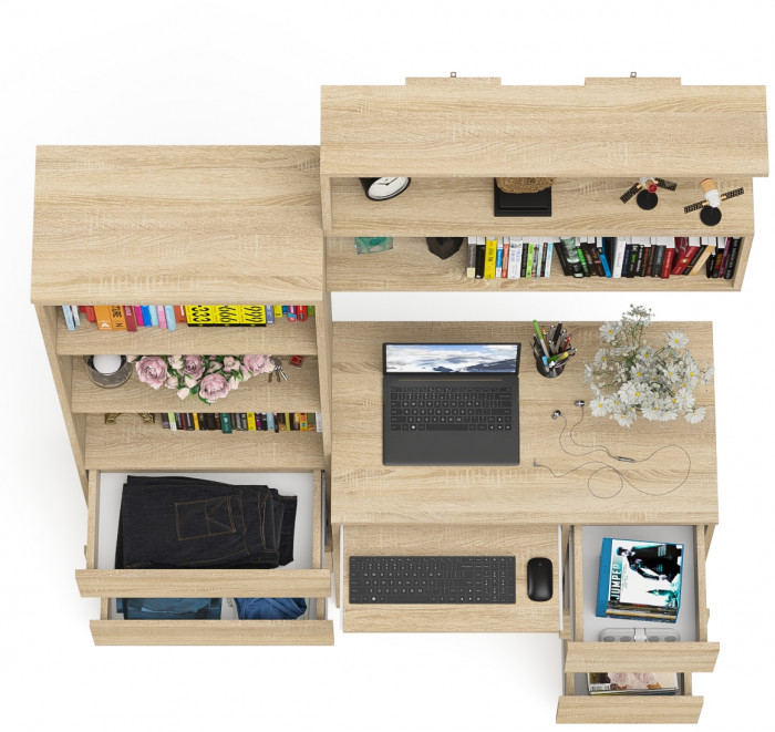 Мори Стол компьютерный МС-6 правый + Стеллаж МСТ600.3 + Полка 900, цвет дуб сонома, ШхГхВ 150,4х50х209,6 см., НЕ универсальная сборка