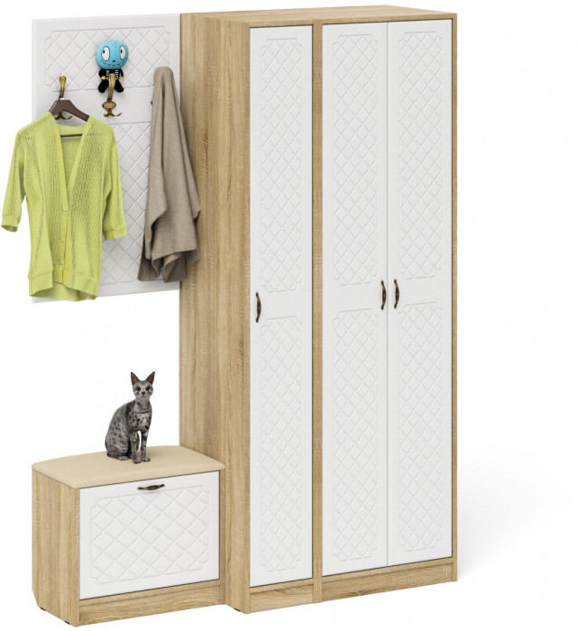 Прихожая П-6 Компоновка № 47, дуб сонома/фасады МДФ белое дерево фрезеровка ромб