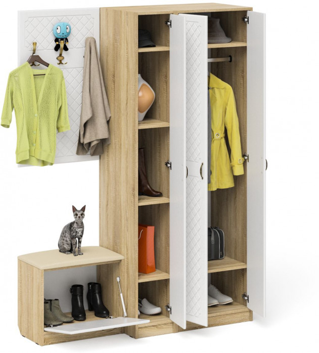 Прихожая П-6 Компоновка № 47, дуб сонома/фасады МДФ белое дерево фрезеровка ромб