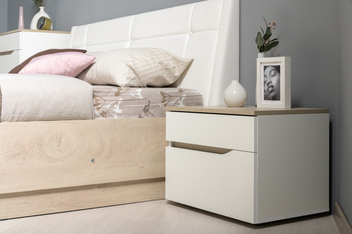 Муссон 16.03 Тумба прикроватная, цвет белый/дуб эндгрейн элегантный, ШхГхВ 56х39,4х42 см., два выдвижных ящика, НЕ универсальная сборка