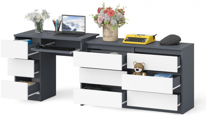 Мори компьютерный стол МС-6 левый + Комод МК1200.6, графит/белый