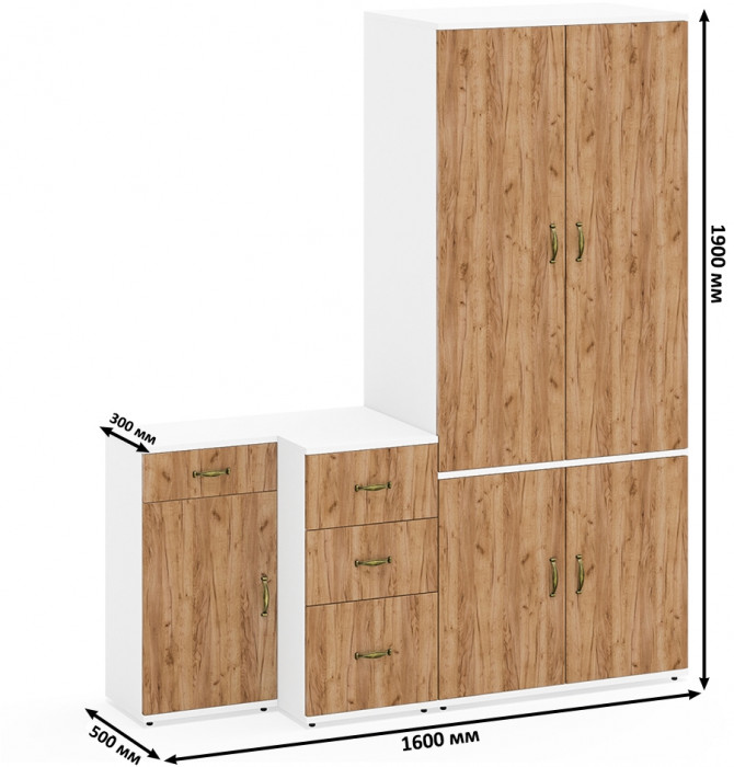 Лидер-8 Шкаф МД 19Б + Тумба МД 3.15 + Тумба МД 3.16, белый шагрень/крафт золото