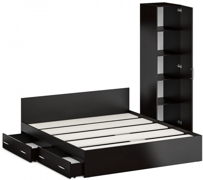 Кровать с ящиками 1800 + Пенал Стандарт, цвет венге, ШхГхВ 183,5х203,5х70 + 45х52х200 см., сп.м. 1800х2000 мм., без матраса, основание есть