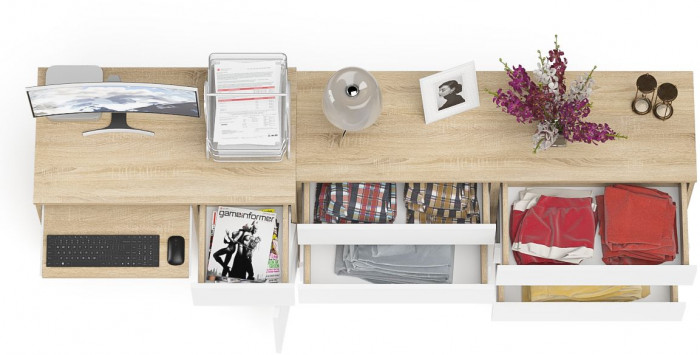 Мори Стол компьютерный МС-1 правый + Комод МК1380.6, цвет дуб сонома/белый, ШхГхВ 228х50х76,6 см., выдвижной ящик справа, НЕ универсальная сборка