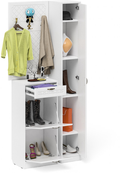 Прихожая П-6 Компоновка № 24, цвет белая шагрень/фасады МДФ белое дерево фрезеровка ромб, ШхГхВ 90х35х220 см., универсальная сборка