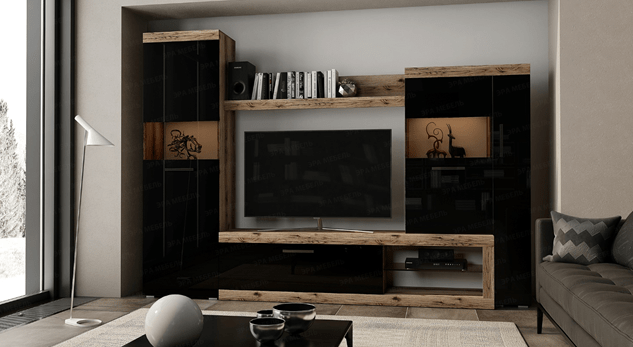 Гостиная Бастон (Дуб Вотан / Белый глянец)