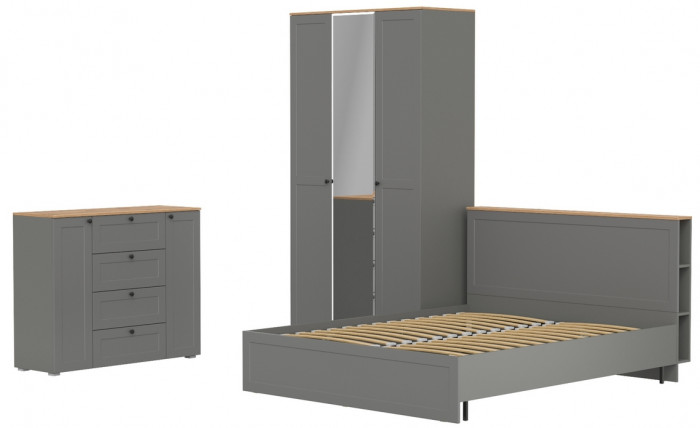 Остин 11.53 Кровать + ортопед + 13.336.03 Шкаф для одежды + 16.221 Комод, серый графит/дуб крафт золотой