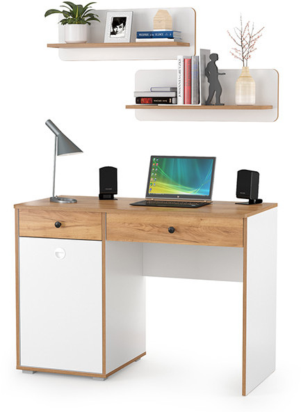 Вуди письменный стол 12.42 + 2хПолка 15.46, белый премиум/дуб крафт золотой