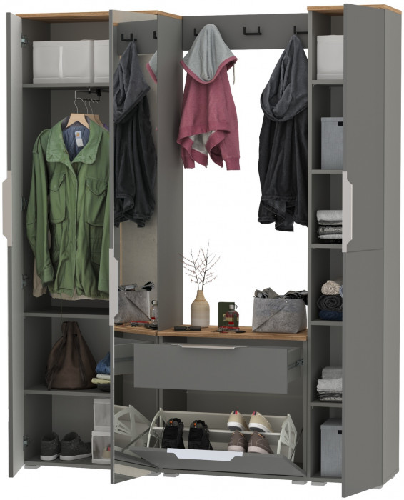 Октава Прихожая 23, цвет серый графит/дуб крафт золотой/фасады МДФ серый графит, ШхГхВ 161,5х35,4х197,6 см., универсальная сборка