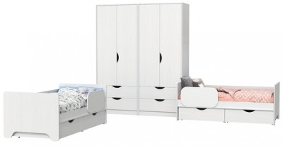 КР100 Уна 11.22 Две кровати с ящиками + 13.327 Два шкафа для одежды, цвет белый(структура Поры дерева), сп. м. 2х800х1600 мм., б/м, основание есть