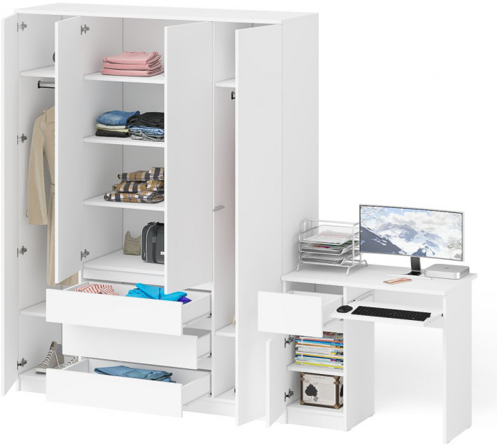 Мори Стол компьютерный МС-1 левый + Шкаф МШ1600.1, цвет белый, ШхГхВ 250,4х50,4х209,6 см., выдвижной ящик слева, НЕ универсальная сборка