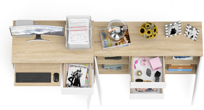 Мори компьютерный стол МС-1 правый + Комод МК1200.3, дуб сонома/белый