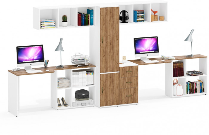 Лидер-8 Стол + Полка + Стол + Полка + Пенал МД 23Б + Тумба МД 3.16, цвет белый шагрень/крафт золото, 410х50х75/190 или 270х120/50х75/190, НЕ ун. сб.