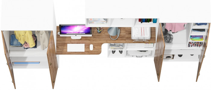 Лидер-8 Шкаф МД 20Б + Стол + Полка + Шкаф МД 19Б, цвет белый шагрень/крафт золото, ШхГхВ 325х50/37,5х75/190 или 115х240/50х75/190 см., НЕ ун.сб.