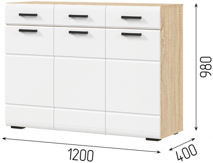 ЛИБЕРТИ КМ 01 Комод 1200 (1200х890х400) Фасад МДФ БЕЛЫЙ ГЛЯНЕЦ/Корпус ДУБ СОНОМА