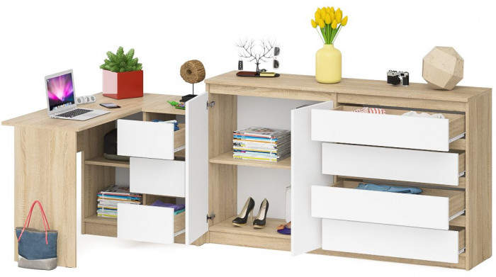 Мори Стол компьютерный МС-16 правый + Комод МК1600.1, цвет дуб сонома/белый, ШхГхВ 284,8х84,9х94 см., выдвижные ящики справа, НЕ универс. сборка