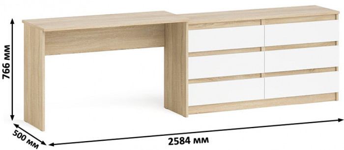 Мори Стол письменный МСП1200.1 + Комод МК1380.6, цвет дуб сонома/белый, ШхГхВ 258,4х50х76,6 см., универсальная сборка