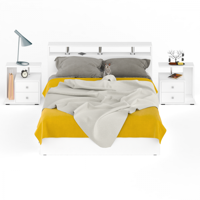 Камелия Кровать с ящиками 1600 + две тумбы, цвет белый, ШхГхВ 276х217х78,2 см., сп.м. 1600х2000 мм., без матраса, основание есть