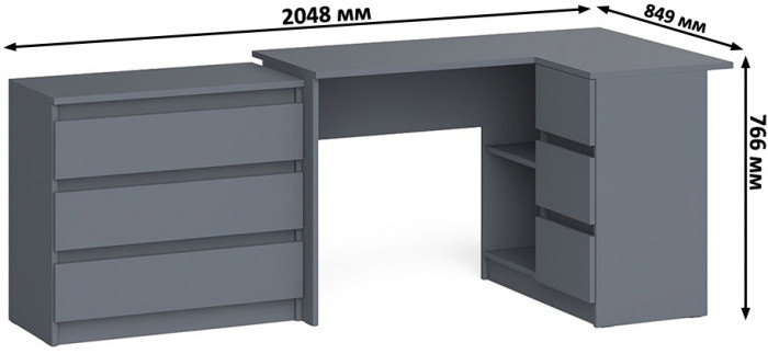 Мори Стол компьютерный МС-16 правый + Комод МК800.1, цвет графит, ШхГхВ 204,8х84,9х76,6 см., выдвижные ящики справа, НЕ универсальная сборка