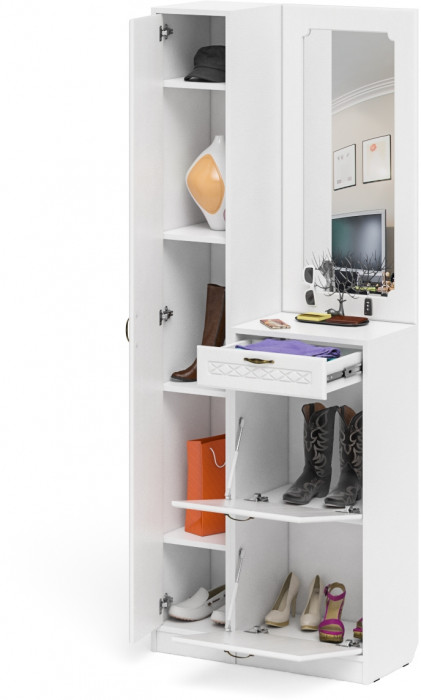 Прихожая П-6 Компоновка № 23, белая шагрень/фасады МДФ белое дерево фрезеровка ромб