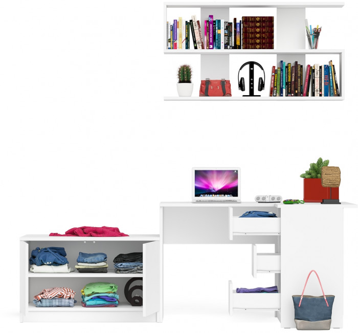 Мори компьютерный стол МС-16 правый + Тумба МА900.1 + Полка 1200, белый