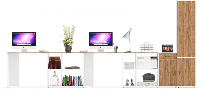 Лидер-8 Стол + Стол + Пенал МД 22Б + Тумба МД 3.15, цвет белый шагрень/крафт золото, ШхГхВ 410х50/37,5х75/190 или 230х160/50х75/190 см., НЕ ун. сб.