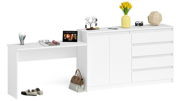 Мори Стол письменный МСП1200.1 + Комод МК1600.1, цвет белый, ШхГхВ 280,8х50х94 см., универсальная сборка