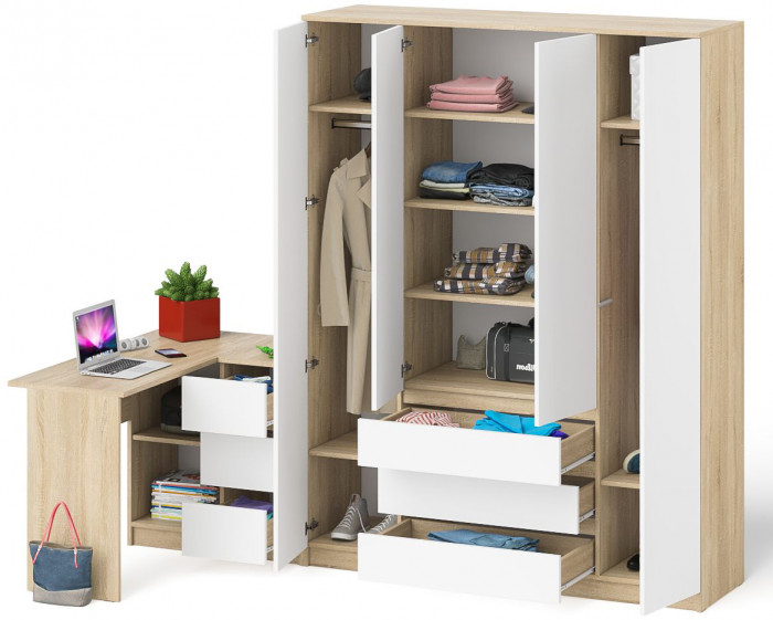Мори компьютерный стол МС-16 правый + Шкаф МШ1600.1, дуб сонома/белый