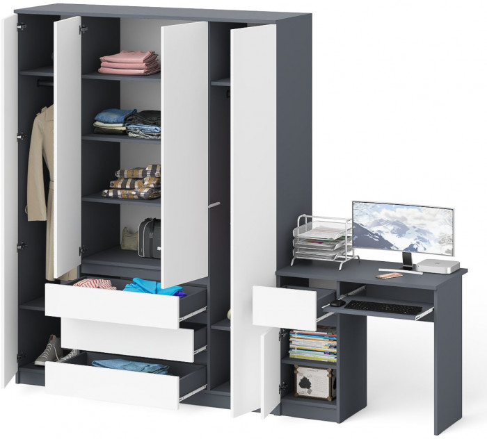 Мори Стол компьютерный МС-1 левый + Шкаф МШ1600.1, цвет графит/белый, ШхГхВ 250,4х50,4х209,6 см., выдвижной ящик слева, НЕ универсальная сборка