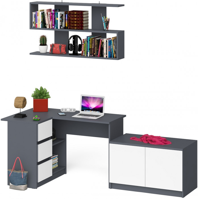 Мори Стол компьютерный МС-16 левый + Тумба МА900.1 + Полка 1200, цвет графит/белый, ШхГхВ 214,8х84,9х209,6 см., НЕ универсальная сборка